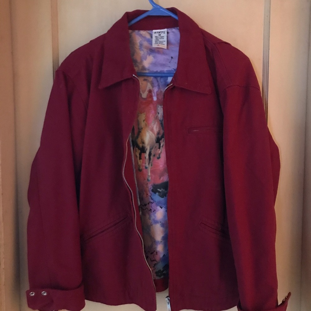 Dark red jean jacket. Horses multicolor lining